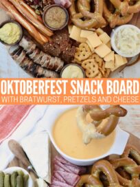 Oktoberfest board with beer cheese dip, pretzels and mustards