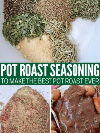 pot roast seasoning in bowl, rubbed on a chuck roast, and on a cooked pot roast on a plate