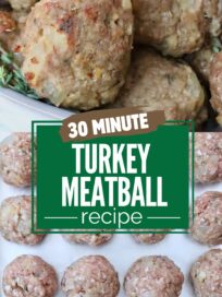 uncooked turkey meatballs on a baking sheet and cooked turkey meatballs in a bowl