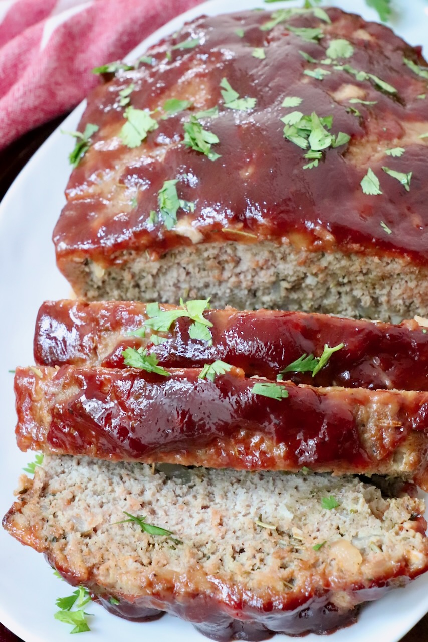 turkey meatloaf sliced on a plate