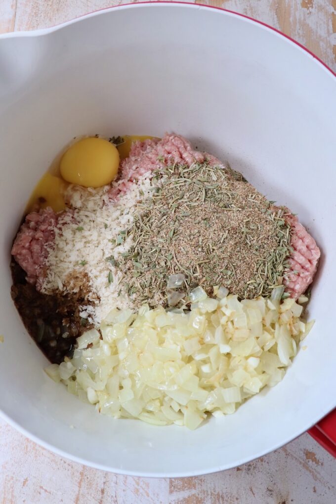 ingredients for turkey meatloaf in a large mixing bowl