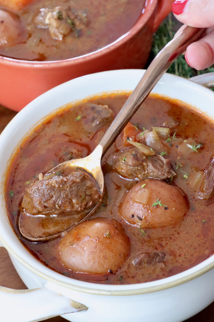 beef stew in bowl with spoon holding a piece of beef