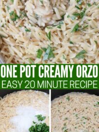 cooked orzo in a pot with parmesan cheese and parsley