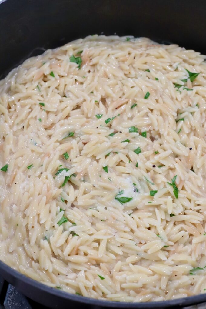 creamy orzo pasta prepared in a pot