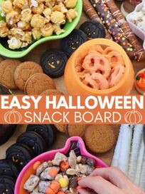 snack board with Halloween themed bowls of pretzels, candies and popcorn