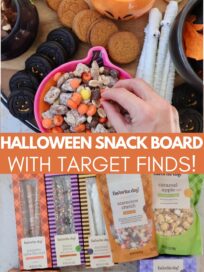 snack board with Halloween themed bowls of pretzels, candies and popcorn, and boxes and bags of cookies and pretzels on a wood table