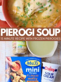 pierogi soup in a bowl with a spoon and ingredients for the soup on a white wood board