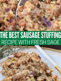 sausage stuffing in a casserole dish and on a plate