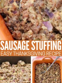 sausage stuffing in a casserole dish with a serving spoon and uncooked in a large pan