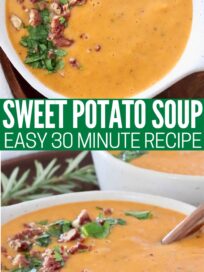 sweet potato soup in bowls with a spoon