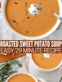 sweet potato soup in bowls with a spoon