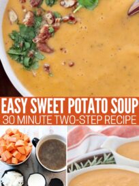 sweet potato soup in a bowl and the ingredients for the soup on a white wood board