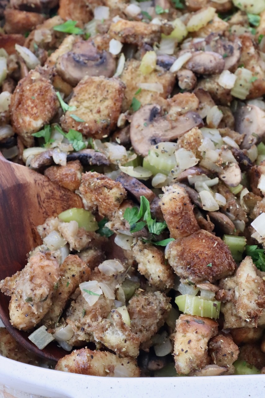 mushroom stuffing in a casserole dish