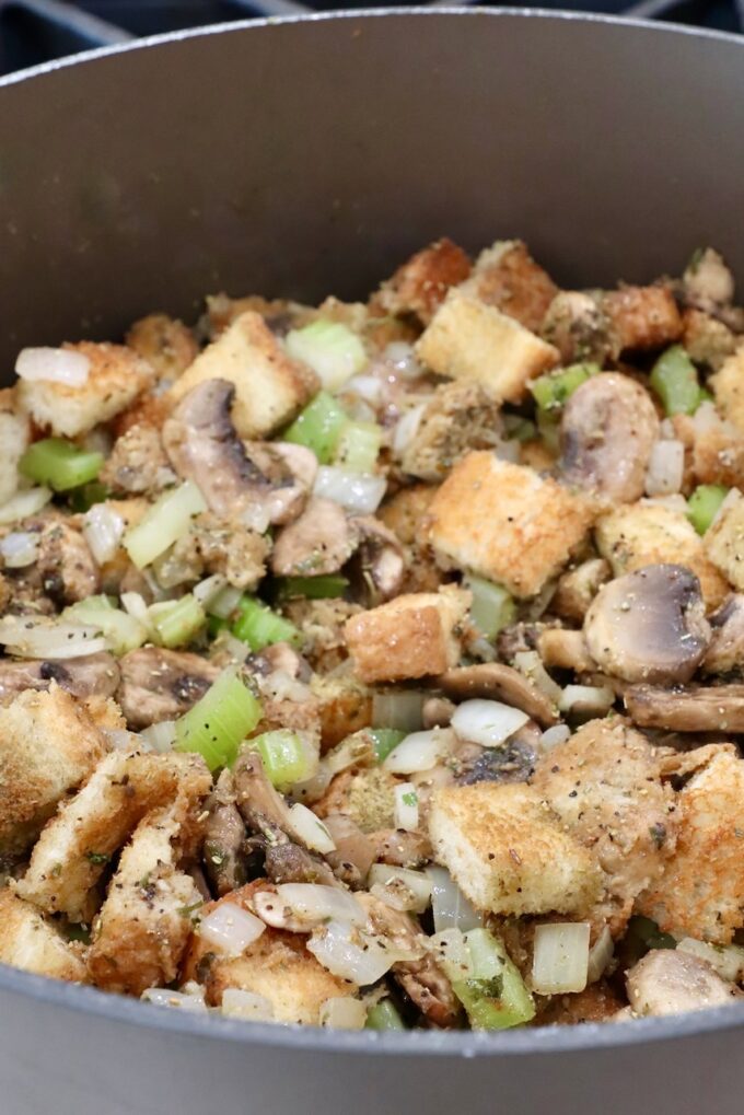 mushroom stuffing in a large pot