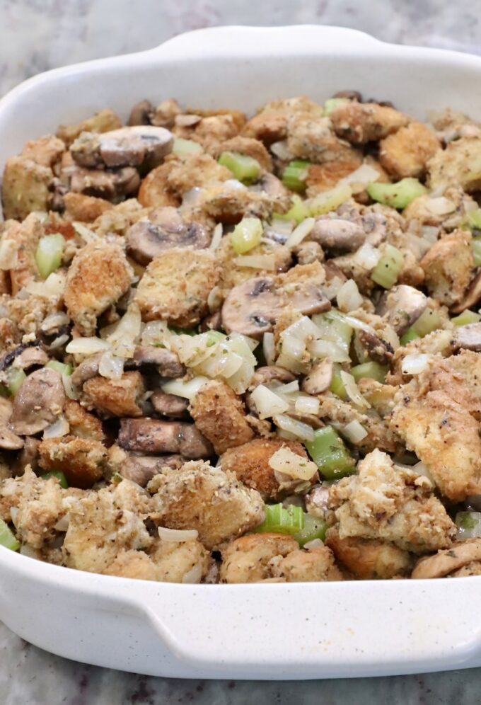 mushroom stuffing in a casserole dish