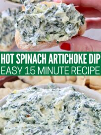 spinach artichoke dip spread on a slice of baguette and in a bowl