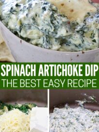 spinach artichoke dip in a large pot and in a bowl with a tortilla chip