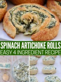 ingredients for spinach pinwheels on a wood board, uncooked spinach pinwheels on a baking sheet and baked spinach pinwheels on a plate