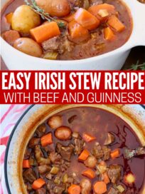 beef stew in a large pot and in a bowl with a spoon