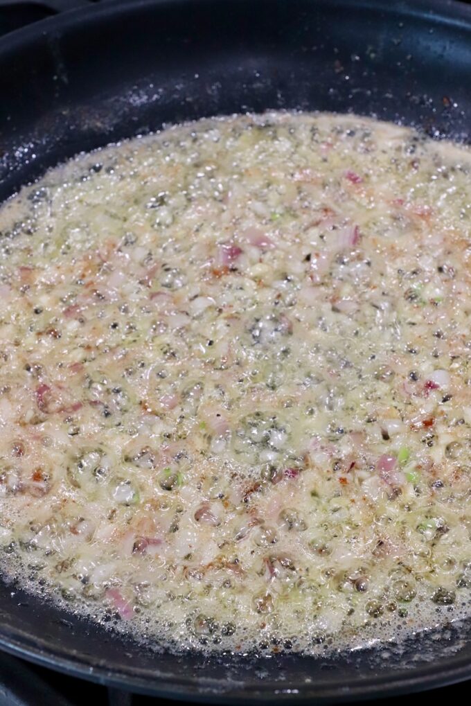 cooked diced shallots and minced garlic in butter in a skillet