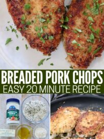 pan fried pork chops in a skillet, ingredients for the pork chops on a white wood board, and cooked pork chops on a plate