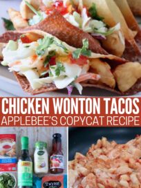 collage of images showing the ingredients for chicken wonton tacos on a white wood board, sweet chili chicken cooking in a skillet and wonton tacos on a plate topped with coleslaw