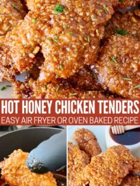 collage of images showing cooked breaded chicken tenders on a plate and in kitchen tongs over a pot of hot honey sauce