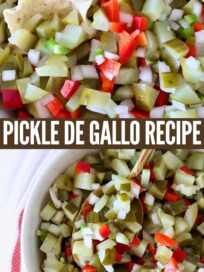 pickle de gallo in a bowl with tortilla chips and a spoon