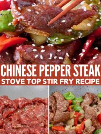 collage of images including uncooked strips of beef in a wok, cooked beef with peppers and onions in a wok, and cooked beef and peppers tossed in sauce in a bowl with chopsticks