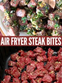 cooked steak bites on a plate and raw cubed steak in an air fryer basket