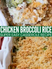 baked casserole in a baking dish covered with a crunchy cracker topping, with a serving spoon dipped into the casserole