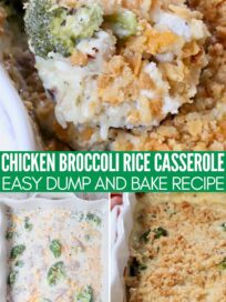 collage of images with pieces of raw chicken and broccoli in a creamy sauce in a casserole dish, a baked casserole with a cracker topping in a baking dish and a spoonful of creamy broccoli rice casserole in a large serving spoon