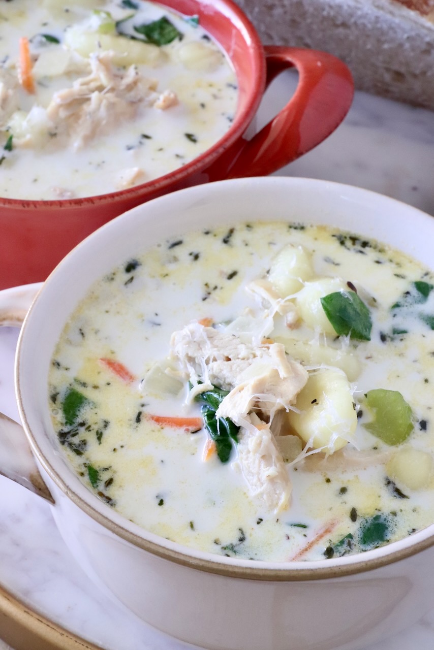 chicken gnocchi soup in two bowls