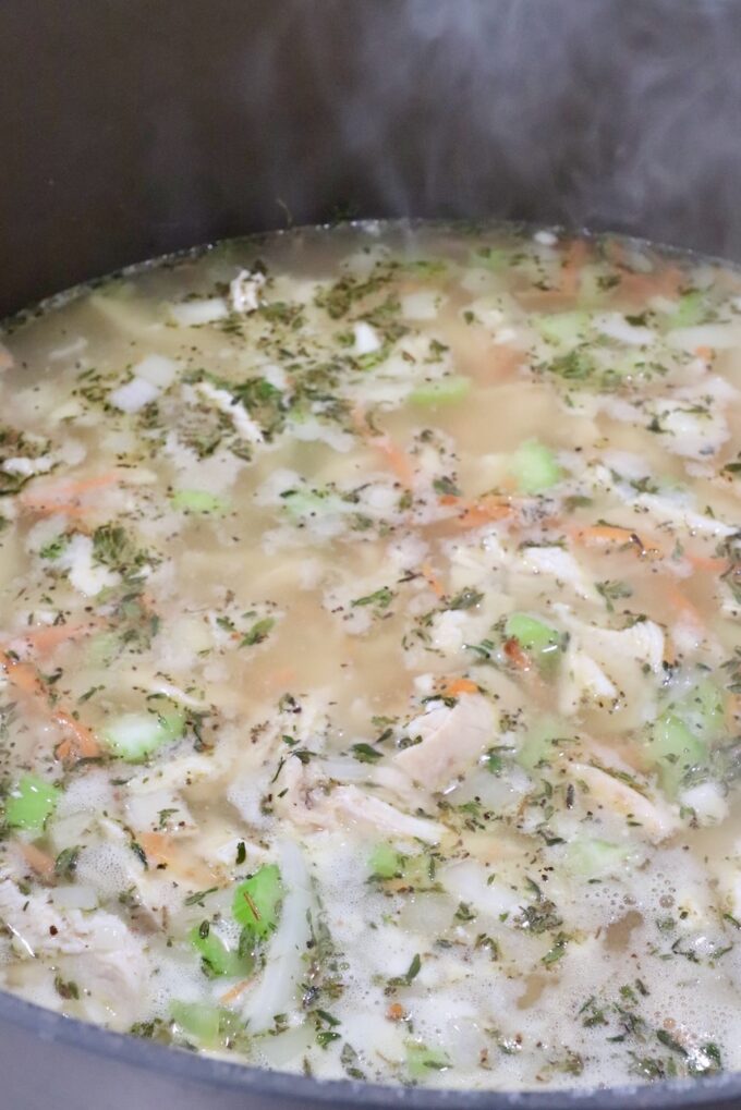 cooked chicken and diced veggies in seasoned broth in a large pot