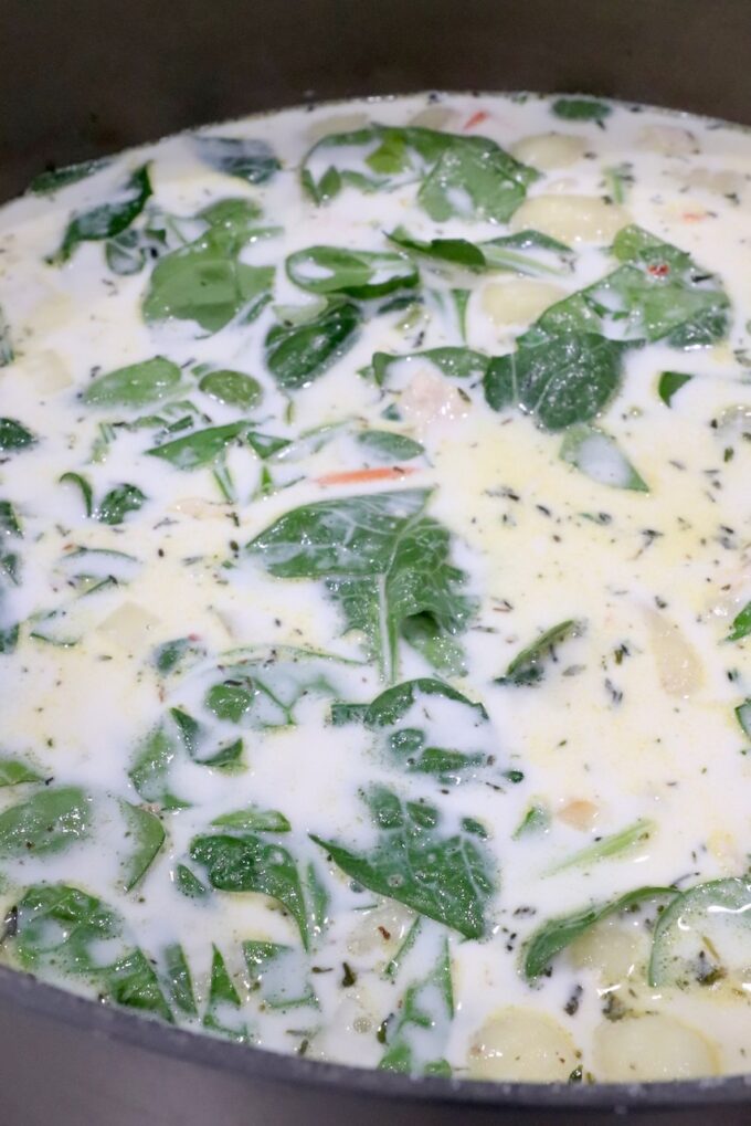 creamy soup in a large pot with spinach, chicken, and veggies