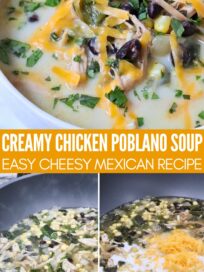 chicken poblano soup in a large pot on the stove and in a bowl topped with shredded cheddar cheese