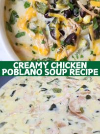 creamy chicken poblano soup in a large pot and in a bowl with a spoon topped with shredded cheddar cheese