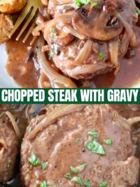 chopped steak covered with mushrooms and onions in gravy