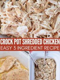 cooked chicken breasts whole in a crock pot and shredded in a crock pot and bowl with forks