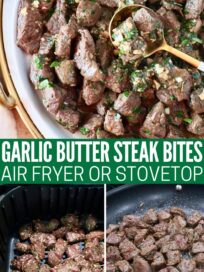 steak bites in an air fryer basket, in a skillet, and on a plate with a spoon