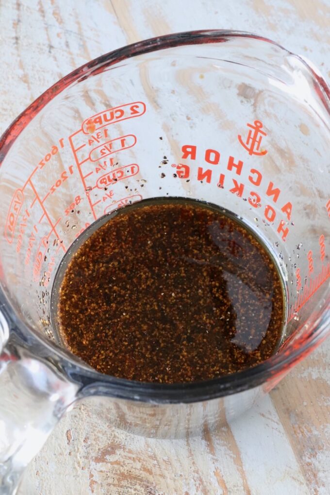 black pepper sauce in a glass measuring cup