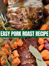 seasoned pork roast in a pot with carrots and potatoes, and cooked, sliced pork roast on a platter with a serving fork