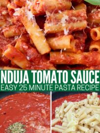 collage of images with seasoned tomato sauce in a skillet, tomato sauce and cooked ziti pasta in a skillet, and tomato sauce tossed with cooked ziti in a bowl