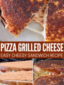 collage of images showing a pizza grilled cheese uncooked and cooked on a grilled and cut in half on a plate