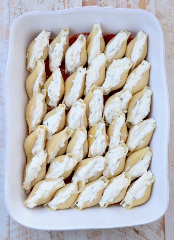 cheese stuffed pasta shells in a casserole dish