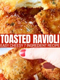 toasted ravioli stacked up on a plate with a bite taken out of one ravioli, and toasted ravioli dipped into a small bowl of marinara sauce by a hand