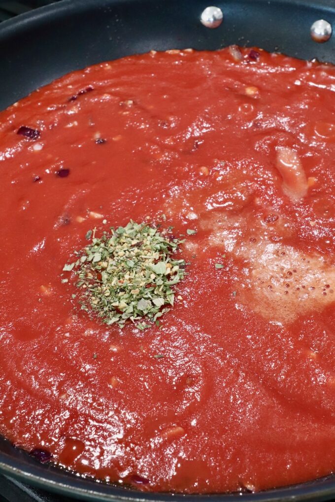 seasoned tomato sauce in a skillet