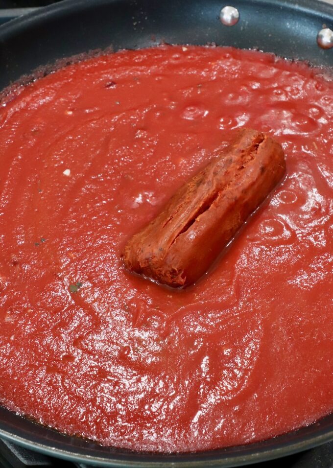 nduja sausage in tomato sauce in a skillet