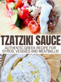 tzatziki sauce drizzled over meatballs on a piece of pita bread, and tzatziki sauce in a bowl with a spoon