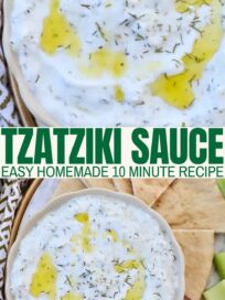 tzatziki sauce in a bowl with olive oil drizzled on top